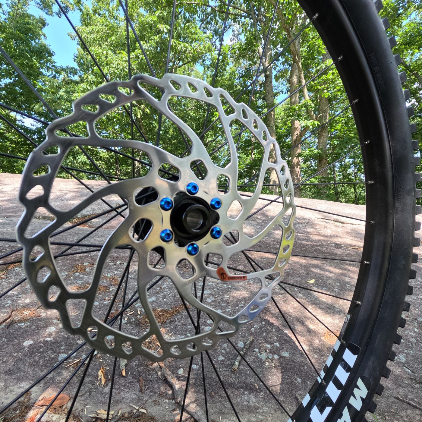 Blue titanium rotor bolts on a mountain bike disc rotor